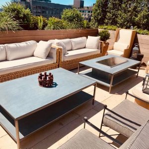 Custom Churchill Soapstone tables with custom steel bases and firebox 