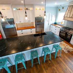 Mango Wood Countertops Perimeter & Pacific Soapstone Mirror Image Island 