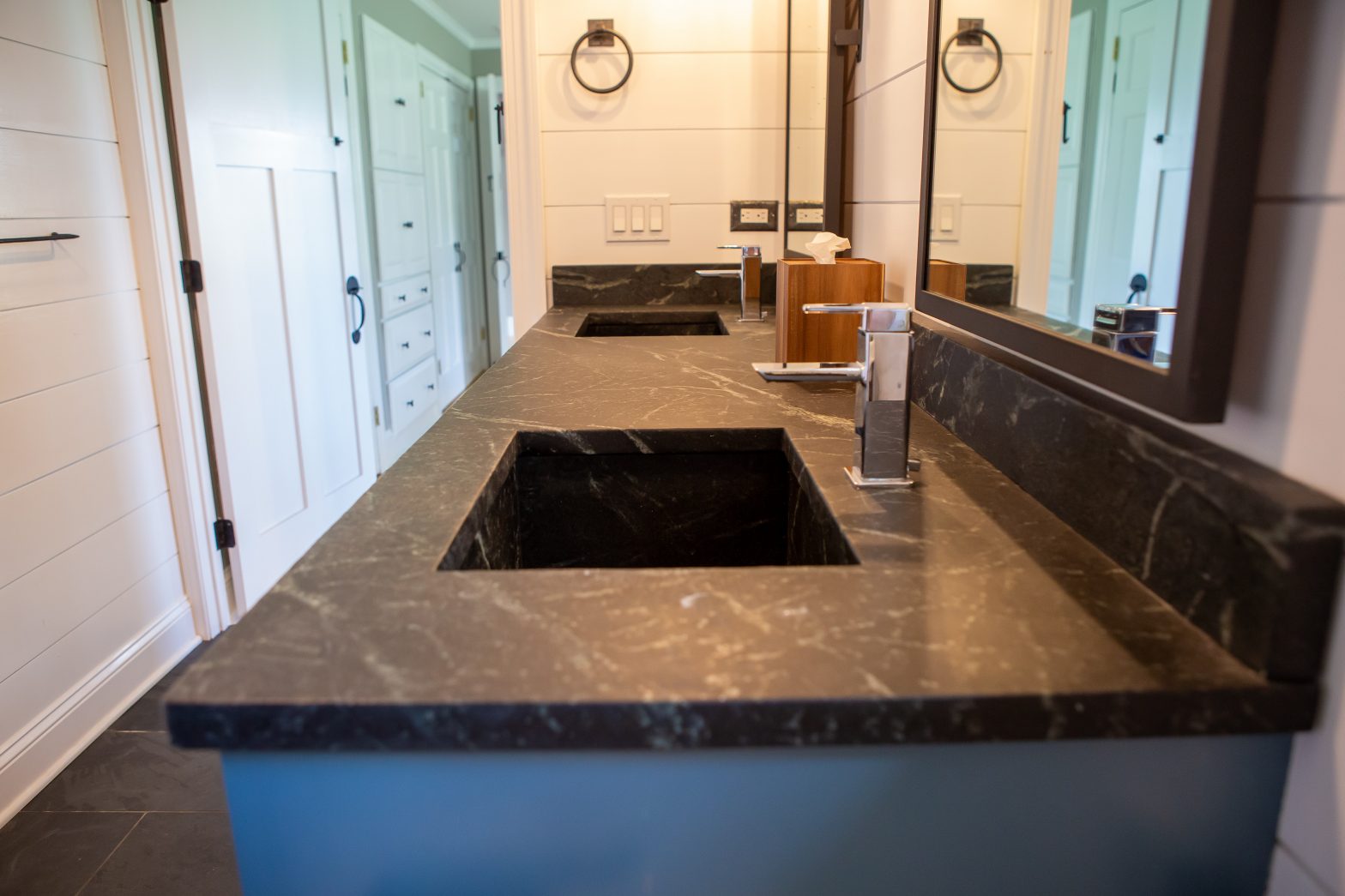P.A. Soapstone Double Sink Vanity Top with Backsplash – Hopewell, NJ