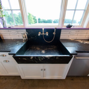 Dramatic Churchill Soapstone with Matching Custom Sloped Front Apron Farmhouse Sink – Greenwich, NJ 