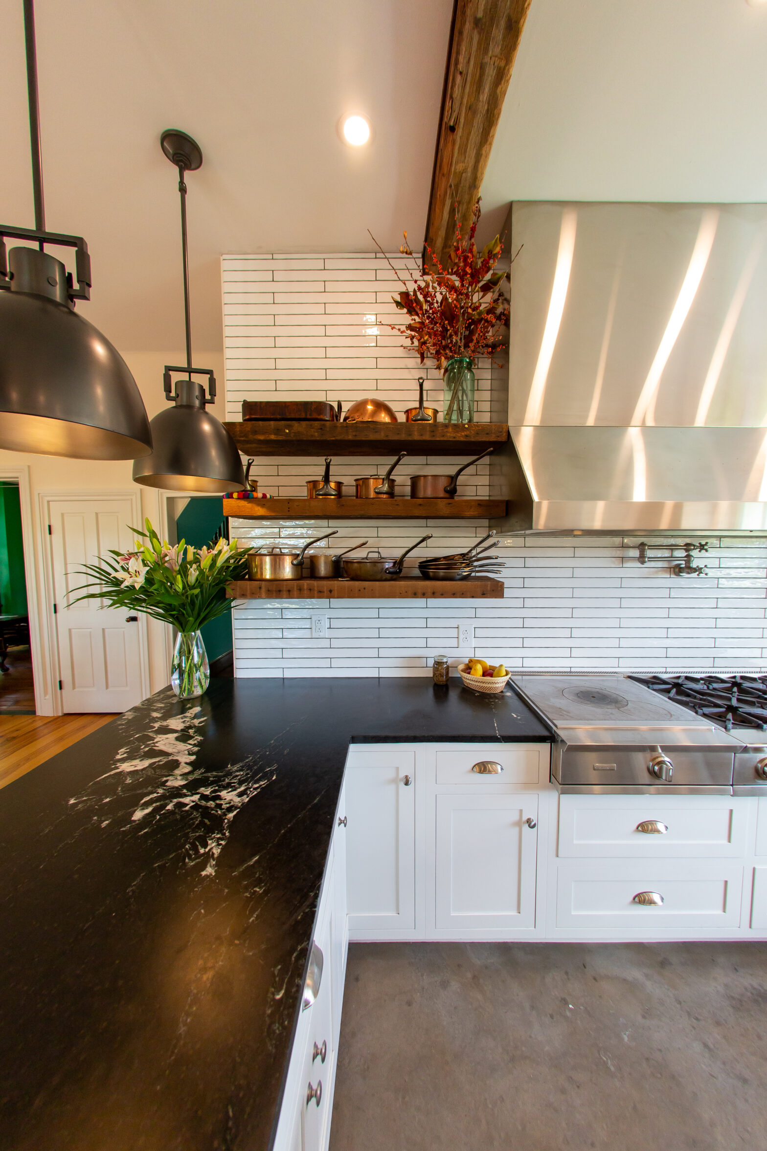 Dramatic Churchill Soapstone with Matching Custom Sloped Front Apron Farmhouse Sink - Greenwich, NJ