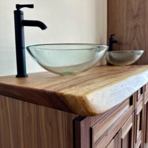Monkeypod Wood Vanity Top with Double Vessel Sinks 